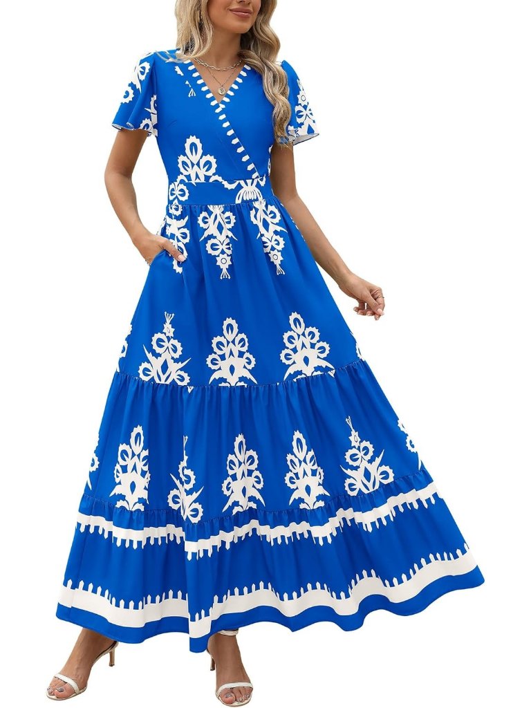Women's Floral Royal Blue Boho Maxi V Neck Bell Sleeve Flowy Dress W/Pockets